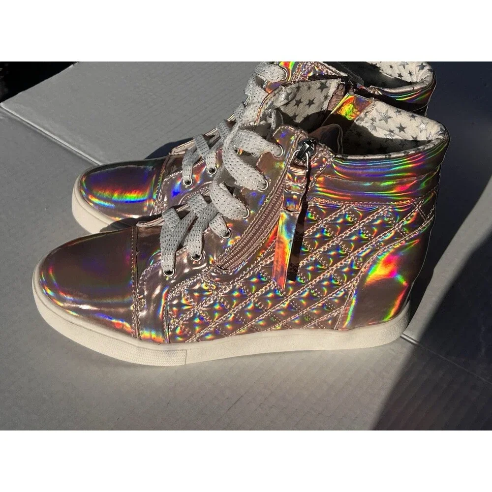 New Justice Rose Gold Holographic Quilted Wedge High Top Sneakers Girls Size 8